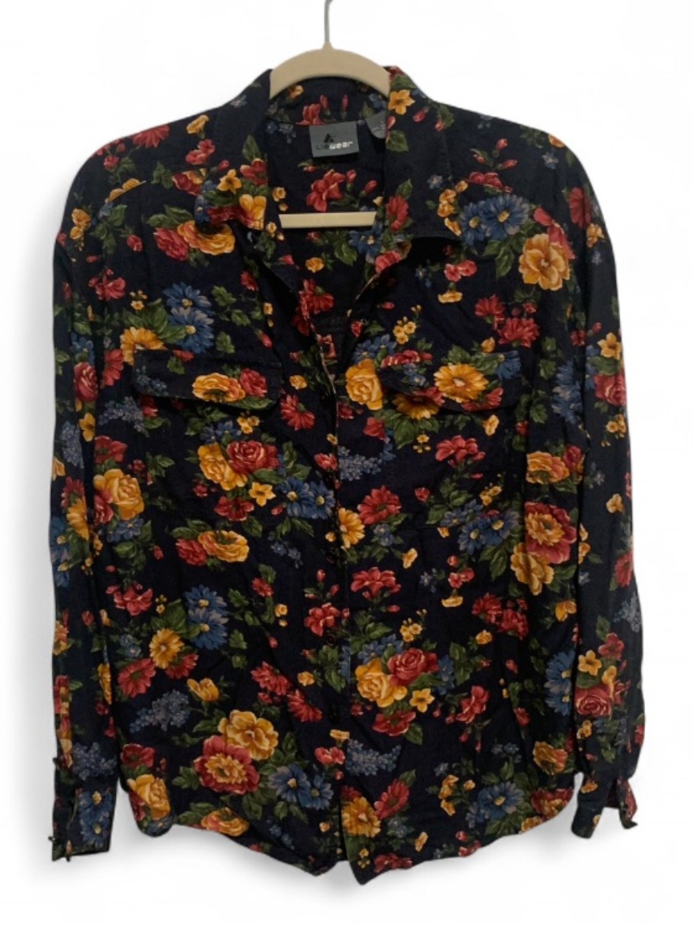 Vintage Liz Wear Floral Dark Blue Long Sleeve Button-Up Shirt
